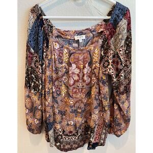 Umgee USA Boho Top Mixed Print Size Medium. Peasant Sleeves. Square Neckline